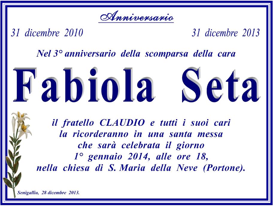 Anniversario della scomparsa di Fabiola Seta