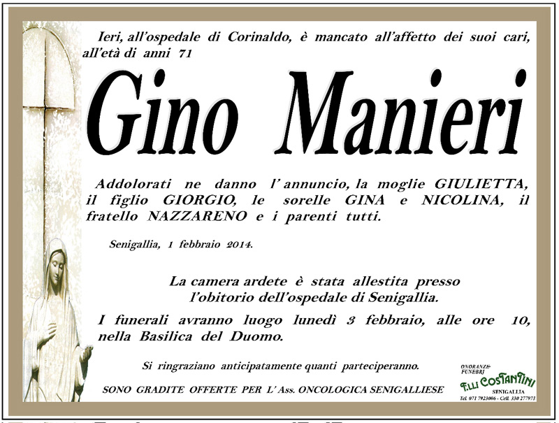 Manifesto funebre per Gino Manieri