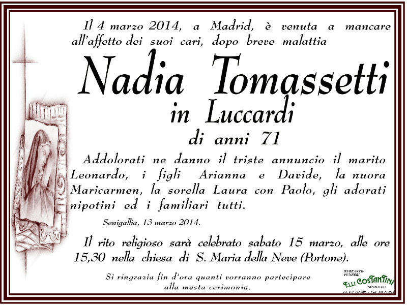 Nadia Tomassetti, necrologio