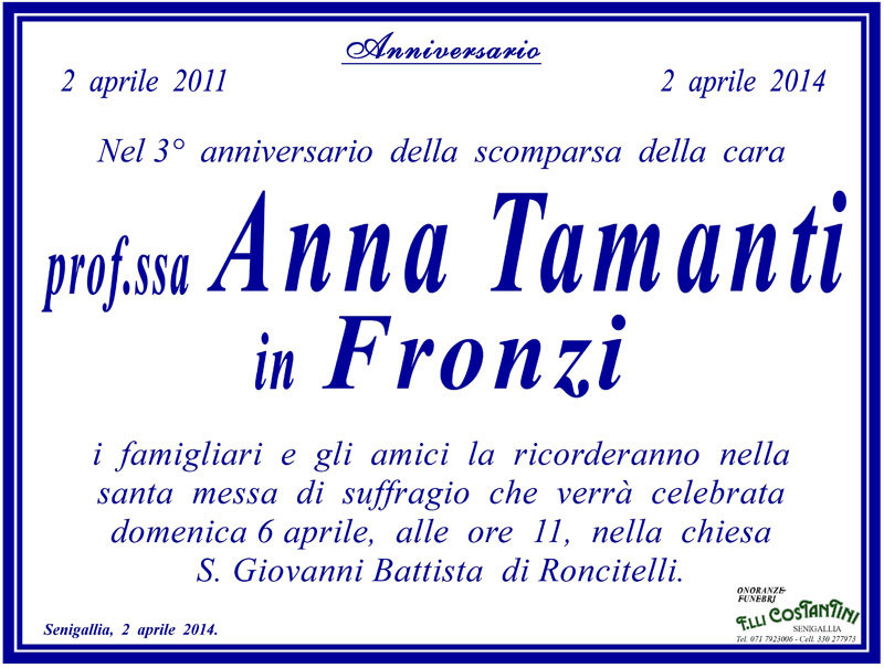 Manifesto funebre per Anna Tamanti in Fronzi