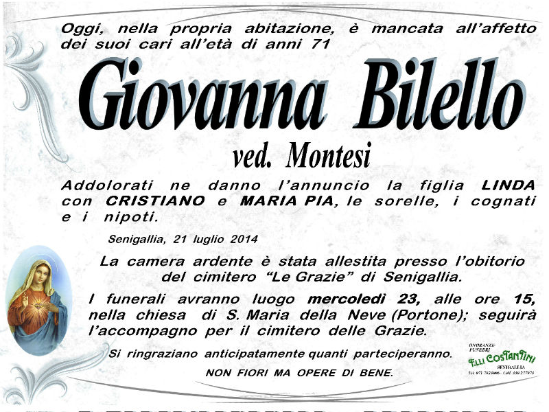 Giovanna Bilello, necrologio