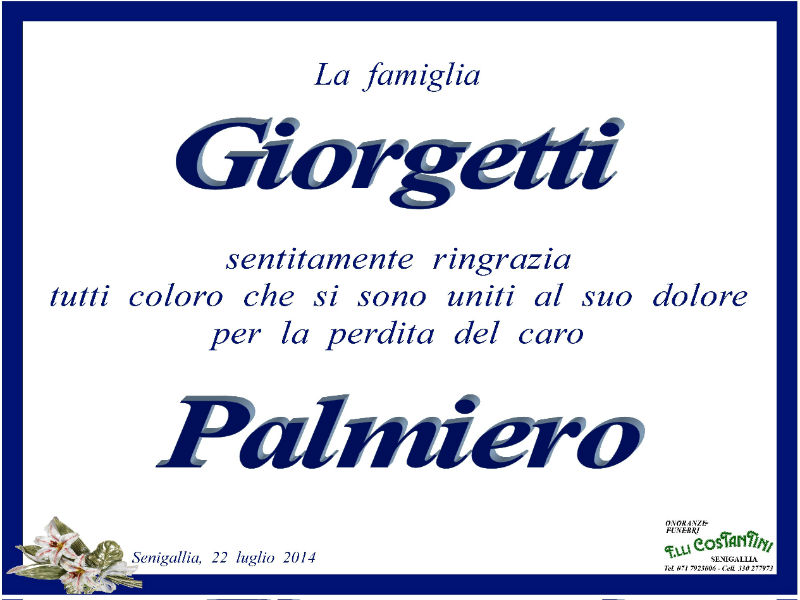 Palmiero Giorgetti, ringraziamenti famiglia per la vicinanza