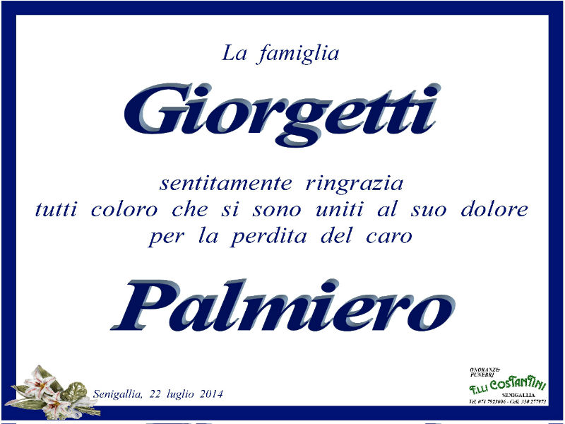 Palmiero Giorgetti, ringraziamenti famiglia per la vicinanza