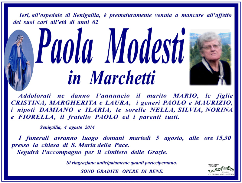 Manifesto funebre per Paola Modesti