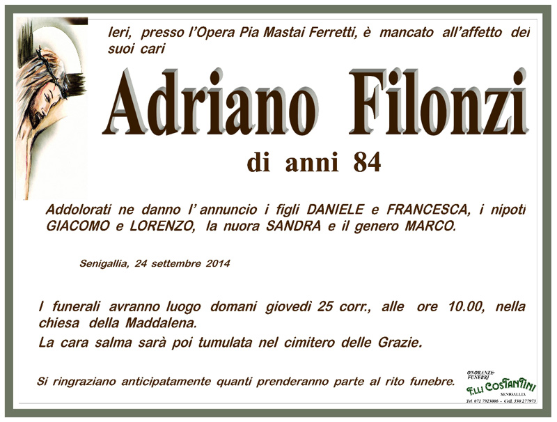 Manifesto funebre per Adriano Filonzi