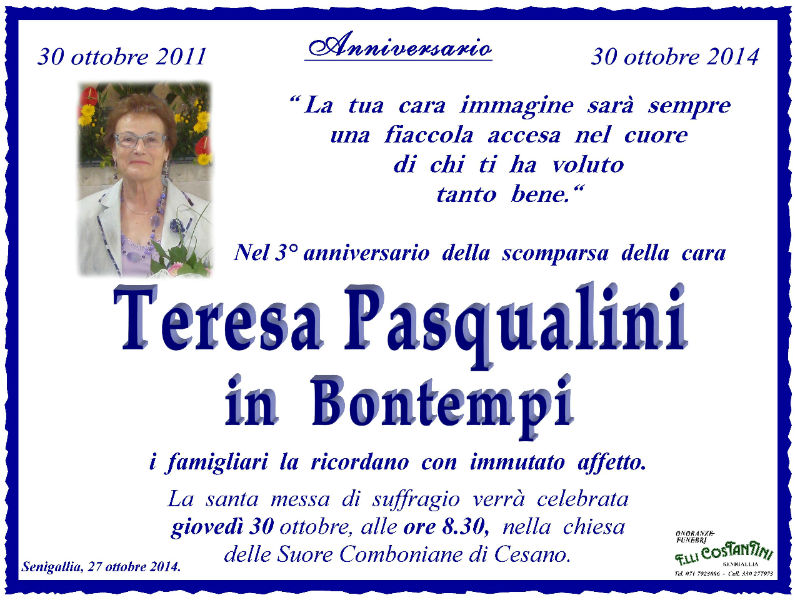 Anniversario scomparsa Teresa Pasqualini