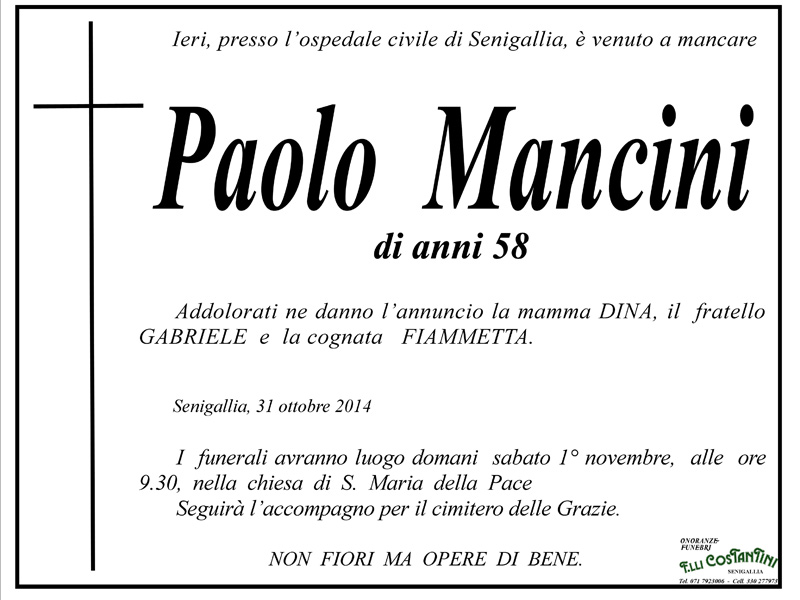 Manifesto funebre per Paolo Mancini