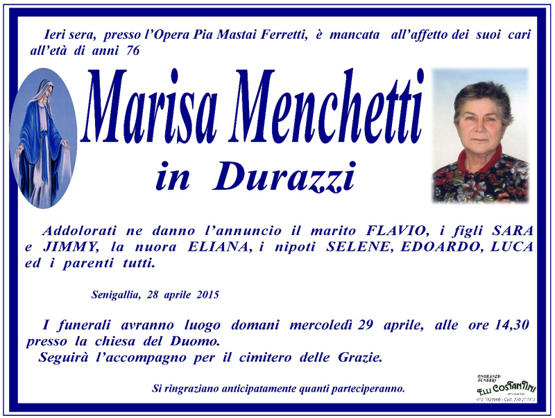 Manifesto funebre per Marisa Menchetti in Durazzi