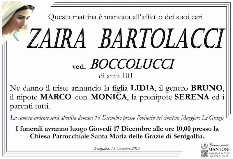 Manifesto funebre per Zaira Bartolacci