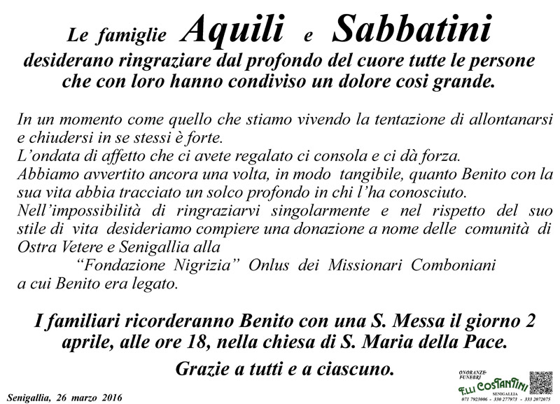 Il manifesto di ringraziamento delle famiglie Aquili e Sabbatini