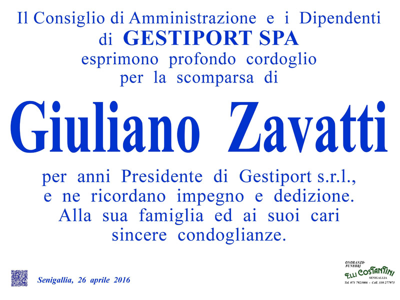 Manifesto funebre per Giuliano Zavatt da Gestiport spa
