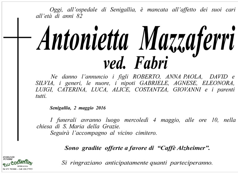 Manifesto funebre per Antonietta Mazzaferri