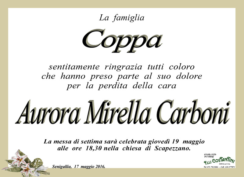 Manifesto funebre per Aurora Mariella Carboni