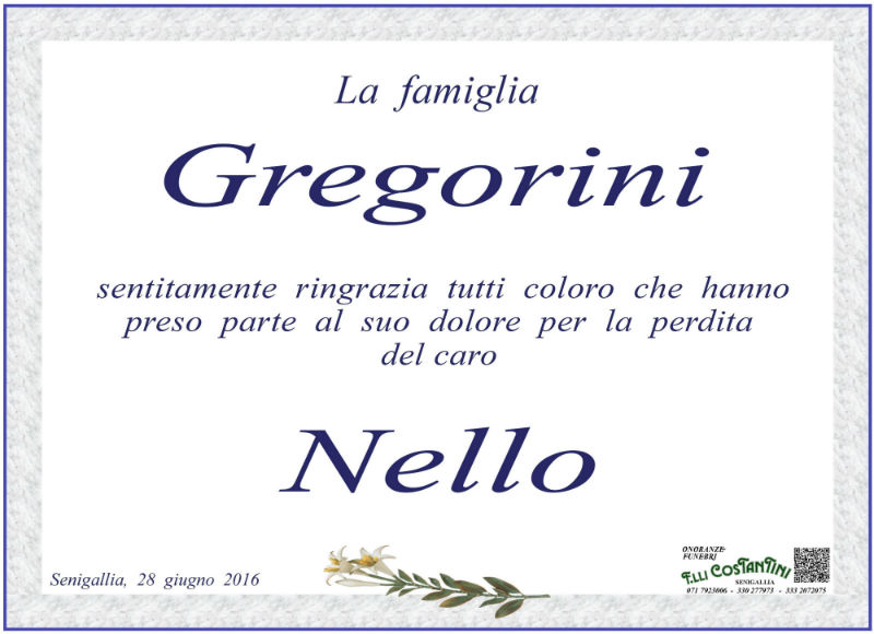 Manifesto di ringraziamento della famiglia Gregorini