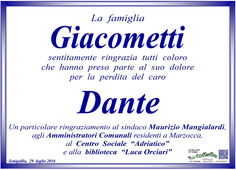 Manifesto di ringraziamento della famiglia Giacometti