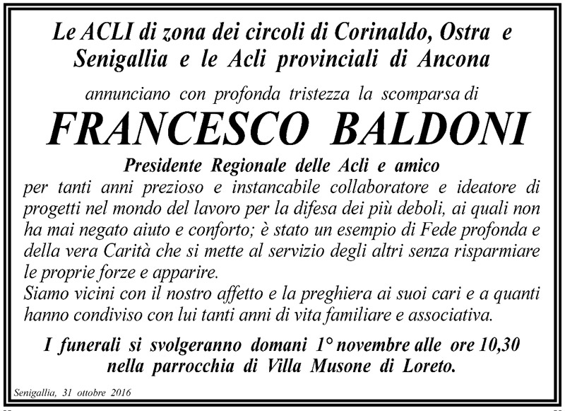 Il manifesto delle Acli per la scomparsa di Francesco Baldoni