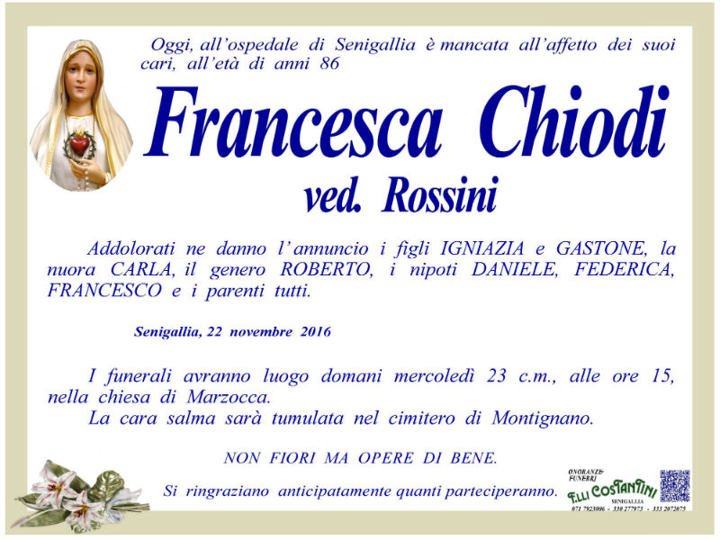 Francesca Chiodi, necrologio