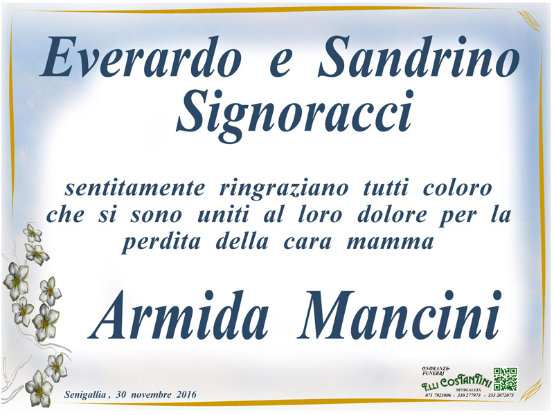 Armida Mancini, ringraziamenti della famiglia