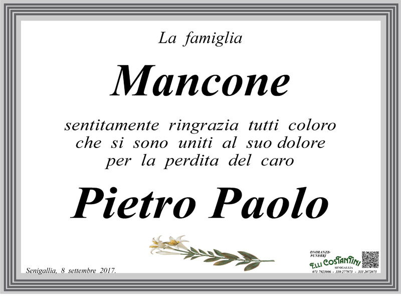 Il manifesto di ringraziamento della famiglia Mancone