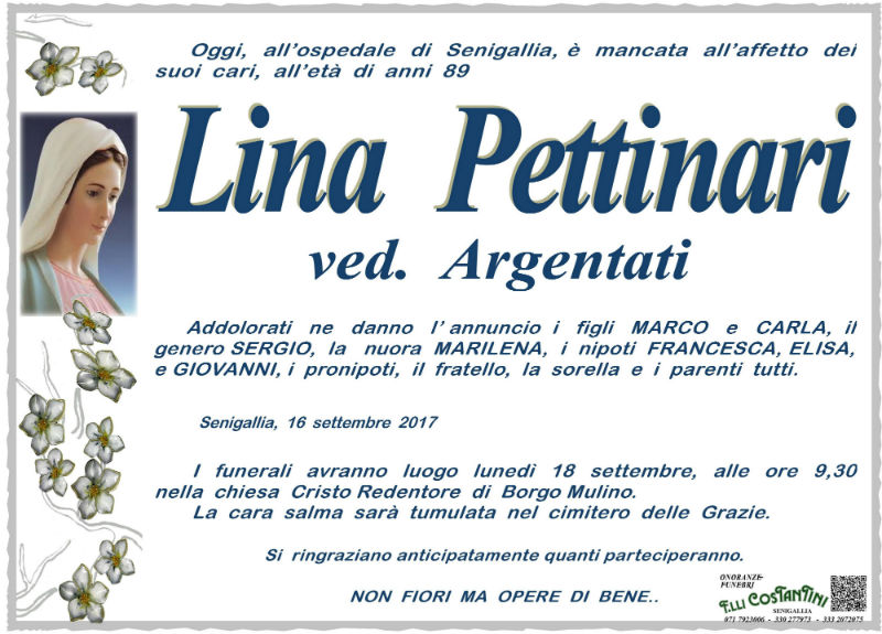 Lina Pettinari, necrologio