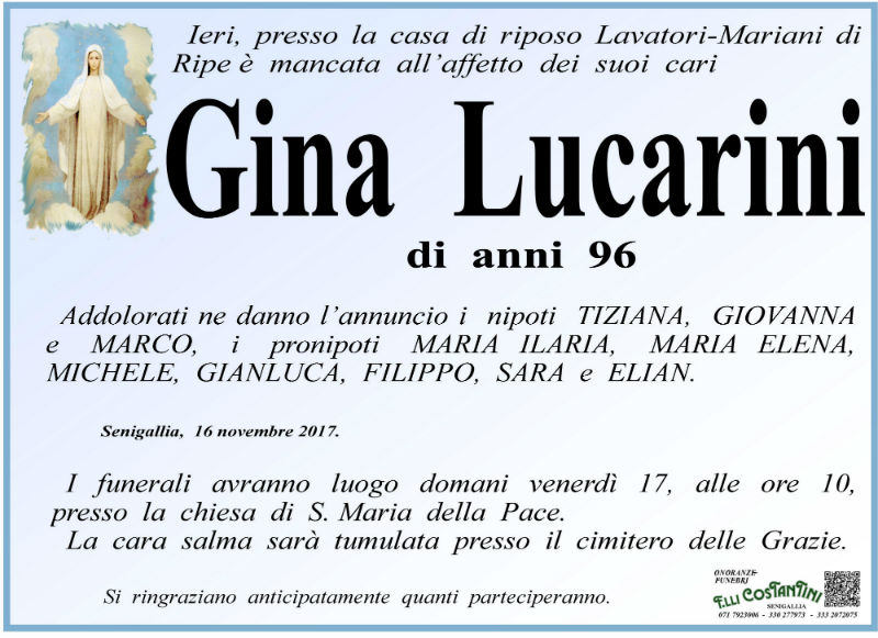 Necrologio Gina Lucarini