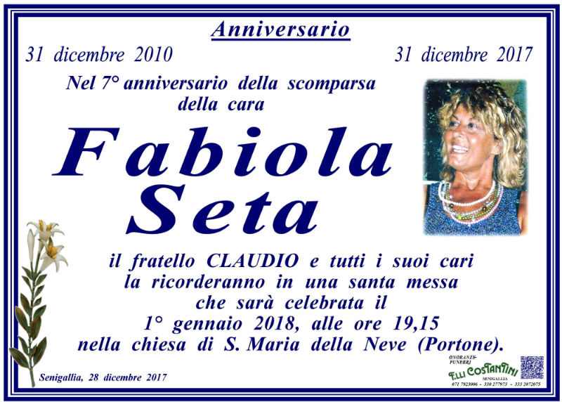 Anniversario scomparsa Fabiola Seta