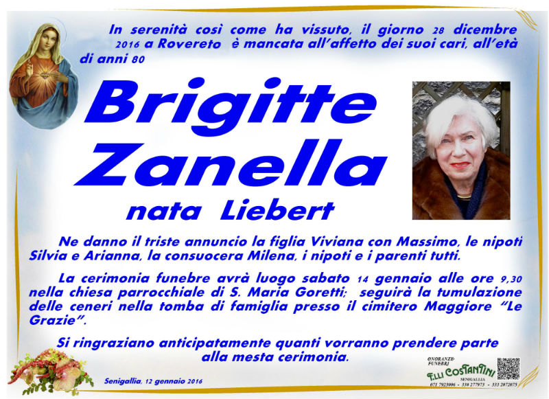 Il manifesto funebre per Brigitte Zanella