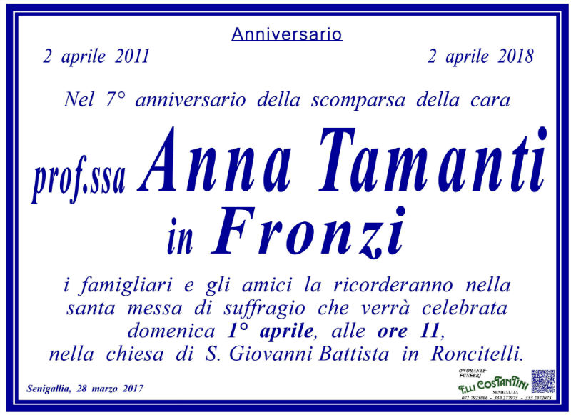 Anniversario morte Anna Tamanti