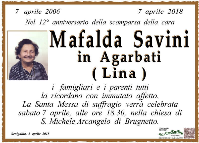 Anniversario scomparsa Mafalda Savini