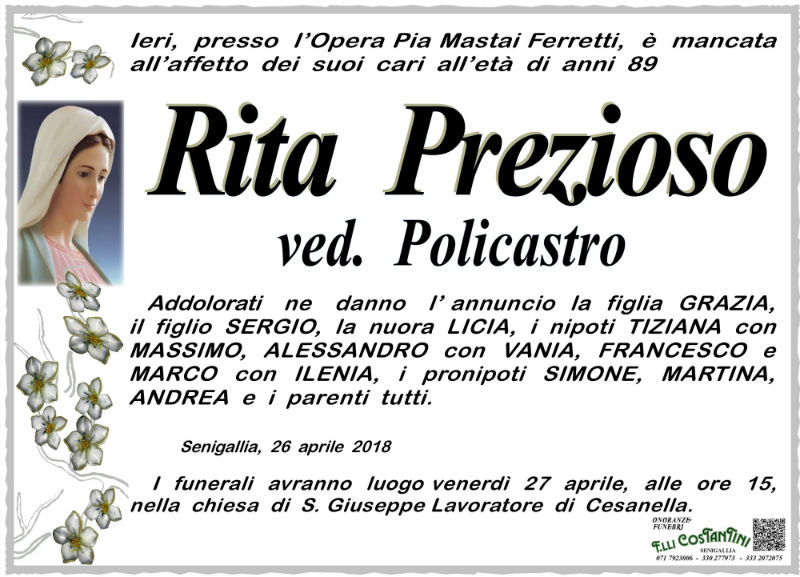 Necrologio Rita Prezioso