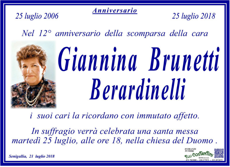 Anniversario morte Giannina Brunetti