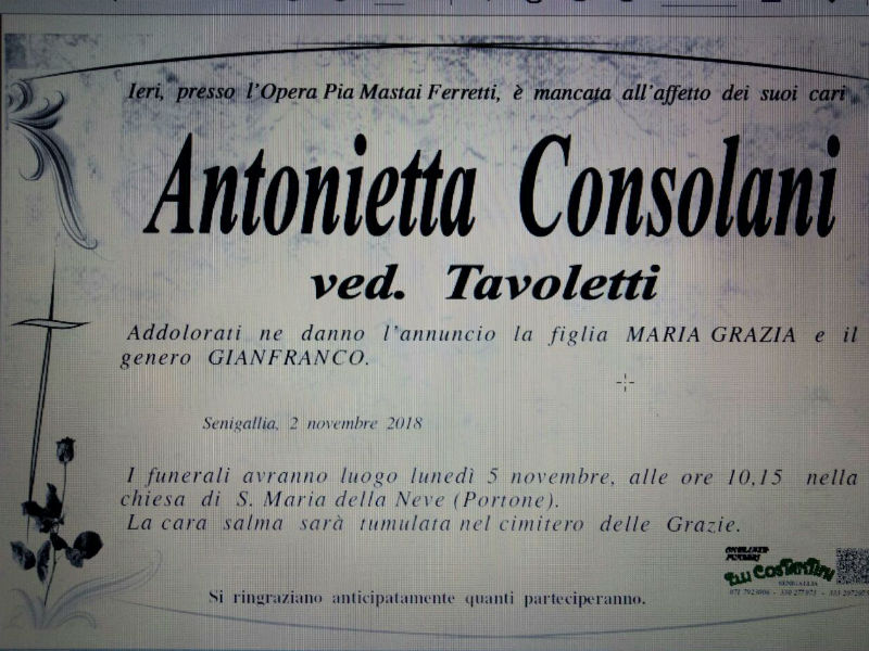 Antonietta Consolani, necrologio