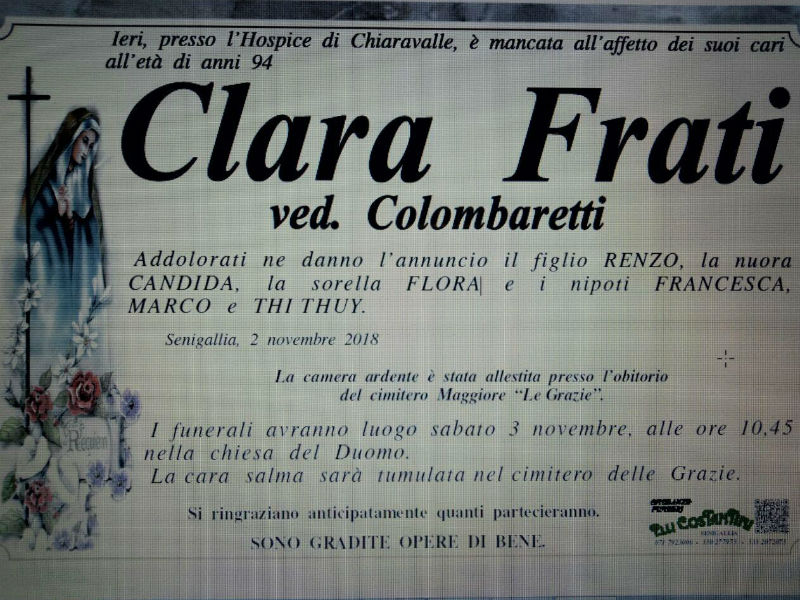 Clara Frati, necrologio
