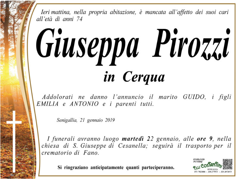 Giuseppa Perozzi, necrologio