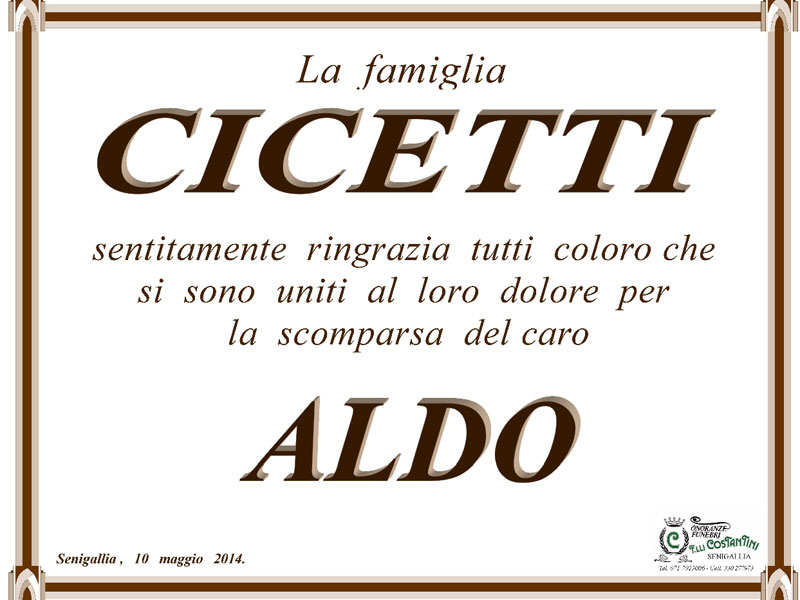 Aldo Cicetti - ringraziamenti della famiglia