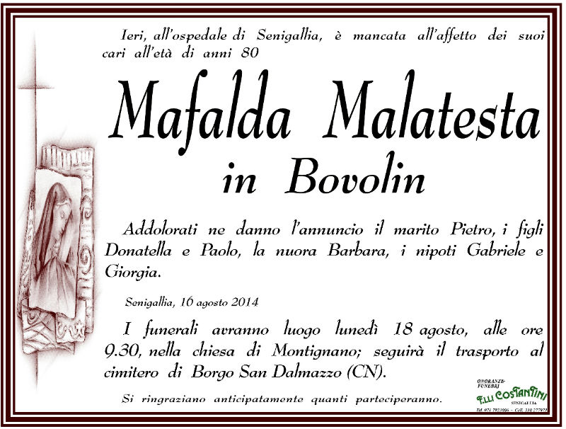 Manifesto funebre per Mafalda Malatesta