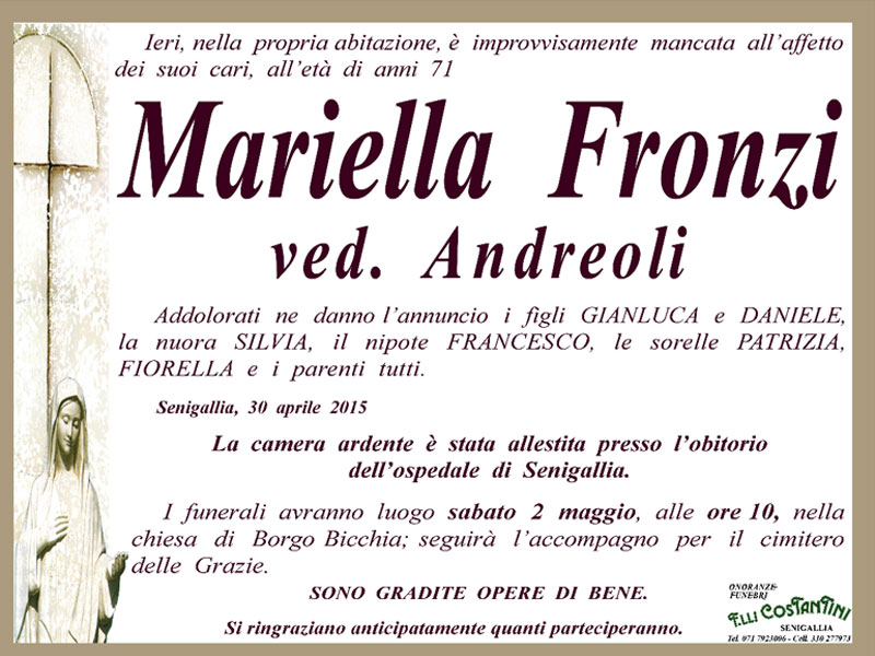 necrologio Mariella Fronzi